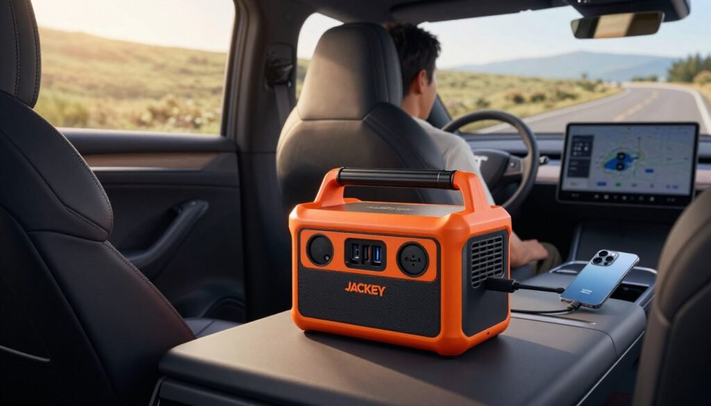 A Jackery Explorer 300 power station sits prominently in the foreground of a modern car's interior, with a smartphone and a laptop connected via USB ports, showcasing the charging process. The device is a vibrant orange, contrasting with the sleek black and grey tones of the car. In the middle ground, a cozy and inviting setting is depicted, with subtle sunlight filtering through the car windows, casting a warm glow on the surfaces. The background features a picturesque road, hinting at a scenic road trip. The mood is relaxed and adventurous, emphasizing the theme of portable power for travel. The image should have a clear depth, captured with a wide-angle lens, ensuring all elements are sharply in focus. The AZ Retiree brand is subtly incorporated, maintaining a professional appearance throughout.
