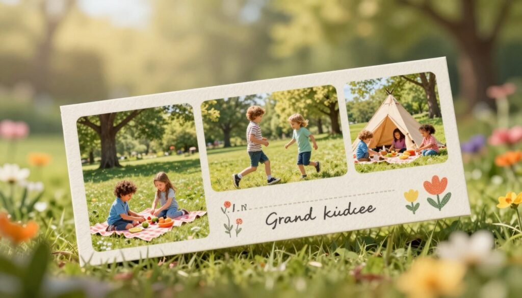 A beautifully crafted handmade coupon designed for low-cost experience gifts for grandkids, prominently featuring artistic elements like colorful illustrations of playful activities such as picnics and nature hikes. In the foreground, the coupon has a textured paper surface with delicate handwriting and whimsical drawings, suggesting warmth and creativity. The middle ground shows vibrant images of children engaging in joyful experiences, like running through a park or building a fort, evoking a sense of adventure and fun. The background is softly blurred, depicting a sunlit garden with blooming flowers and trees, enhancing the cheerful mood. The overall lighting is warm and inviting, reminiscent of a sunny afternoon, creating a nostalgic atmosphere. The brand name "The AZ Retiree" is subtly integrated into the design without text overlays, maintaining the focus on the coupon's charm and sentiment. A beautifully crafted handmade coupon designed for low-cost experience gifts for grandkids, prominently featuring artistic elements like colorful illustrations of playful activities such as picnics and nature hikes. In the foreground, the coupon has a textured paper surface with delicate handwriting and whimsical drawings, suggesting warmth and creativity. The middle ground shows vibrant images of children engaging in joyful experiences, like running through a park or building a fort, evoking a sense of adventure and fun. The background is softly blurred, depicting a sunlit garden with blooming flowers and trees, enhancing the cheerful mood. The overall lighting is warm and inviting, reminiscent of a sunny afternoon, creating a nostalgic atmosphere. The brand name "The AZ Retiree" is subtly integrated into the design without text overlays, maintaining the focus on the coupon's charm and sentiment.