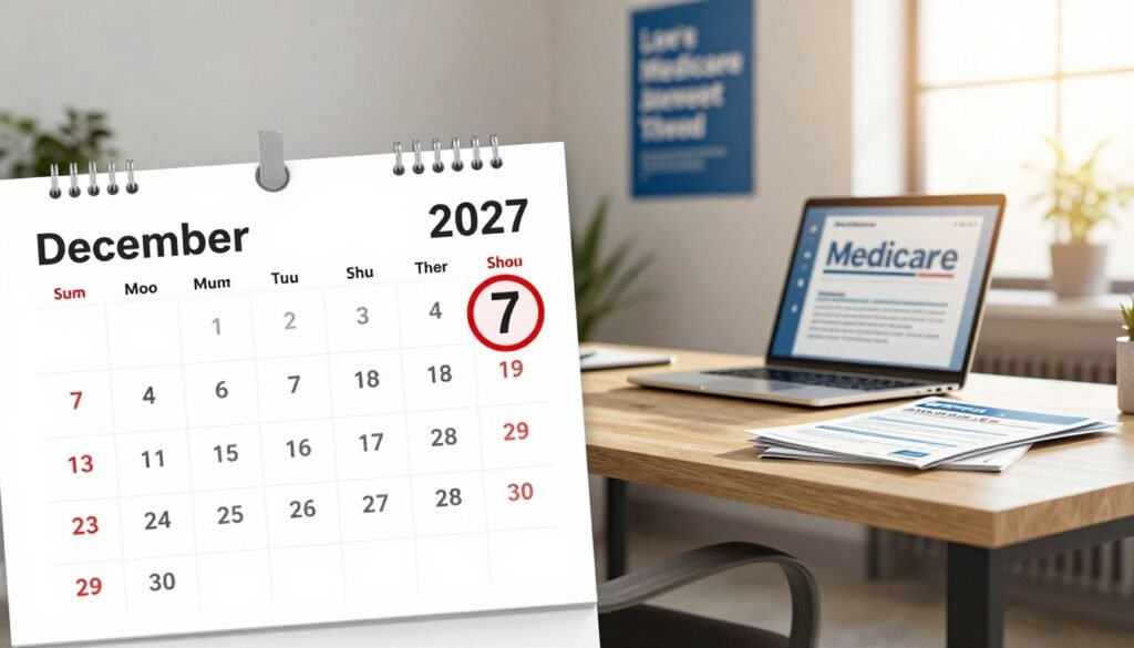 A calendar page for December 2027, prominently displaying the Medicare enrollment deadline, December 7, in a clear and professional layout. The foreground features neatly organized dates, with December 7 circled in bright red or highlighted for emphasis. In the middle, a stylish desk with a laptop and Medicare brochures is slightly blurred, suggesting activity around Medicare planning. The background shows a softly lit office space with a motivational poster about healthcare on the wall, and a window with natural sunlight spilling in, creating a warm atmosphere. The scene conveys a sense of urgency and importance, ideal for illustrating the topic of Medicare changes. The brand "The AZRetiree" is subtly incorporated into the design.