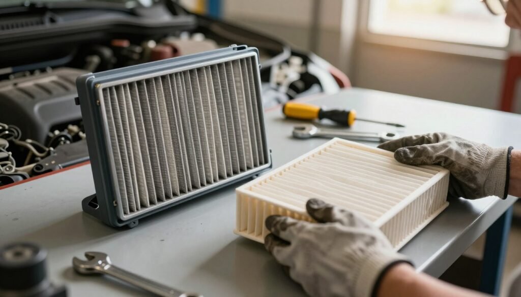 A clear and detailed image of an engine air filter and a cabin air filter placed on a clean garage workbench, ready for a car filter swap. The engine air filter is rectangular, showcasing its detailed mesh and foam materials, while the cabin air filter is a square shape with pleated paper design. In the foreground, have a pair of hands in modest casual gloves gently handling the filters. In the middle, include some common car maintenance tools like a wrench and screwdriver, slightly out of focus. The background should feature a well-lit garage environment with soft, warm lighting, highlighting the tools and filters. Capture a sense of calm and accomplishment, suggesting that anyone, especially retirees, can confidently undertake this simple car maintenance task. Visual branding for "The AZ Retiree" subtly integrated in the scene.