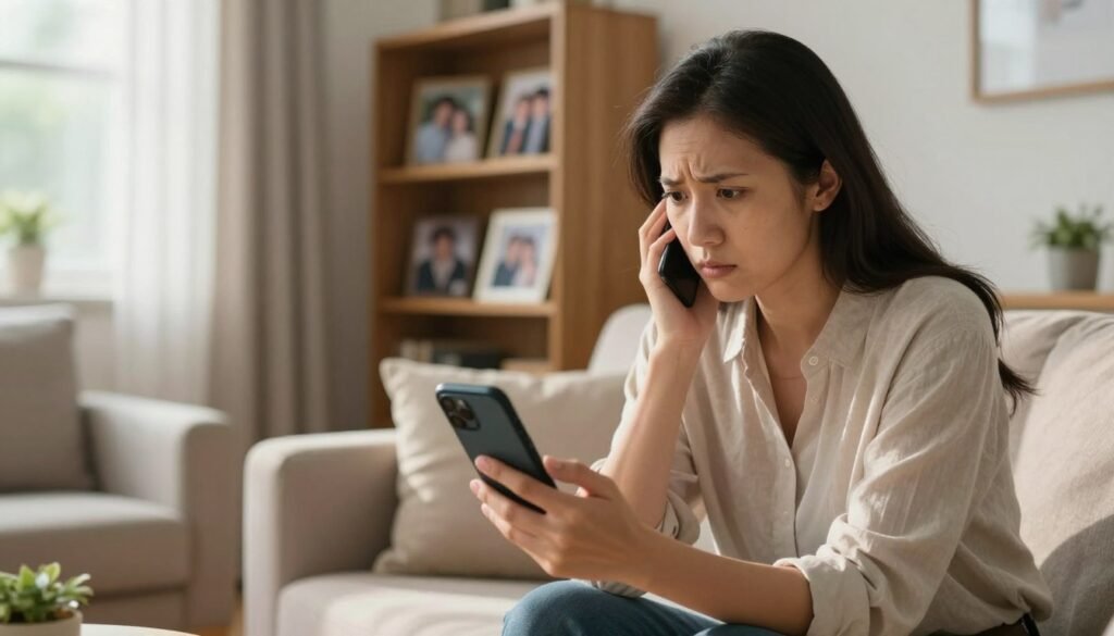A concerned family member in a cozy, well-lit living room, dressed in smart casual attire, checks an urgent phone call on their smartphone. The foreground features their focused expression as they glance anxiously at the screen, showing a saved contact labeled "Dad." The middle background reveals a softly lit bookshelf with family photos, creating a warm, inviting atmosphere. The overall mood is tense yet determined, conveying the seriousness of the call. Natural light filters through a window, casting gentle shadows and enhancing the scene's intimacy. The image encapsulates themes of family connection and urgency, suitable for "The AZ Retiree" branding.