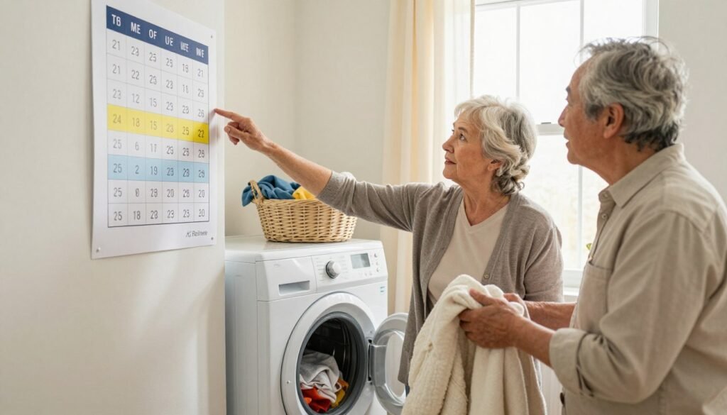 A cozy, well-lit laundry room featuring a time-of-use chart on the wall with peak hours highlighted. In the foreground, a senior couple in modest casual clothing is discussing laundry schedules, one holding fresh laundry while the other checks the chart with a thoughtful expression. In the middle, a washing machine is loaded with clothes, and a basket is neatly placed beside it, illustrating the mundane yet critical tasks associated with household management. The background reveals a sunny window with curtains gently swaying, casting soft light across the room to create a warm and inviting atmosphere. The overall mood is one of domestic tranquility and practical wisdom, capturing the essence of energy-saving tips for retirees. The AZ Retiree logo is subtly integrated into the scene.