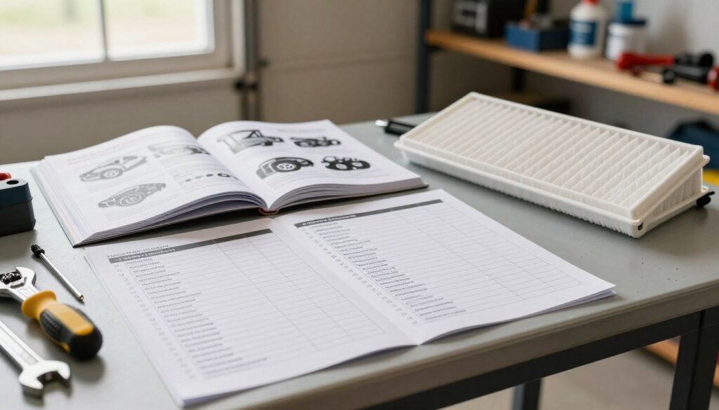 A detailed maintenance routine table spread out beside an open car manual and a household air filter, placed on a neat workbench in a well-lit garage. The foreground features visible sections of the table filled with a checklist for car maintenance, along with tools like a wrench and screwdriver. In the middle, the open manual displays diagrams of a car engine, while the air filter showcases its clean, white appearance. The background features subtle, blurred shelves of tools and auto supplies. Soft natural lighting from a nearby window enhances the warm, inviting atmosphere of a dedicated DIY space. The brand name "The AZ Retiree" subtly integrated into one corner of the table. Focused, interactive composition that invites engagement with maintenance tasks, creating a sense of empowerment for retirees.