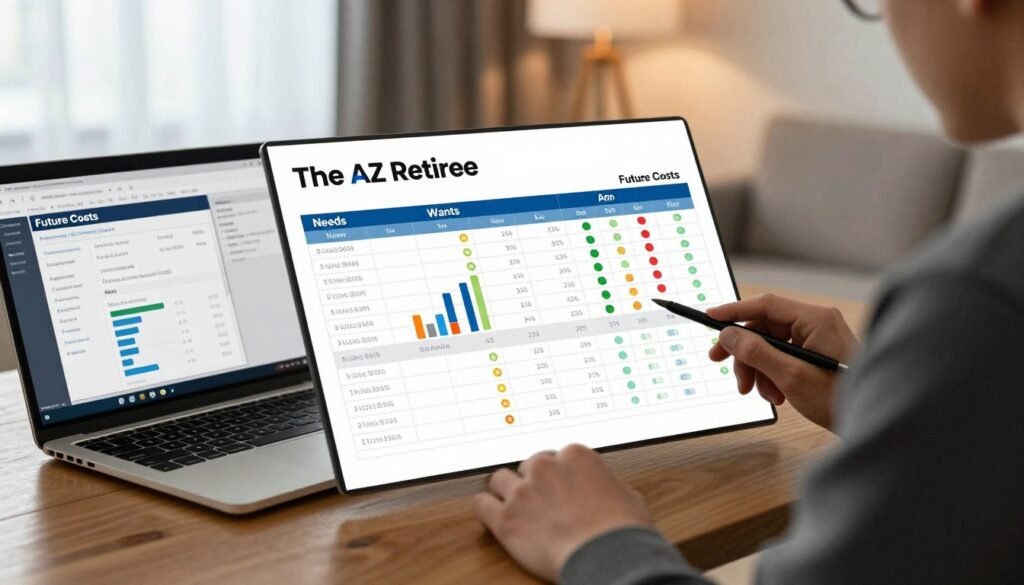 A detailed retirement budget table is displayed prominently, divided into three sections labeled 'Needs', 'Wants', and 'Future Costs'. The foreground features a sleek wooden desk with a laptop open, displaying financial software. In the middle, the budget table is meticulously arranged with colorful graphs and icons for each category, conveying clarity and organization. In the background, a cozy living room setting is visible, with soft lighting filtering through sheer curtains, creating a warm, inviting atmosphere. The scene emphasizes professionalism, with a person in smart casual clothing reviewing the table thoughtfully. The image reflects both clarity and a futuristic approach to budgeting, capturing the essence of financial planning for retirement under the brand name "The AZ Retiree".