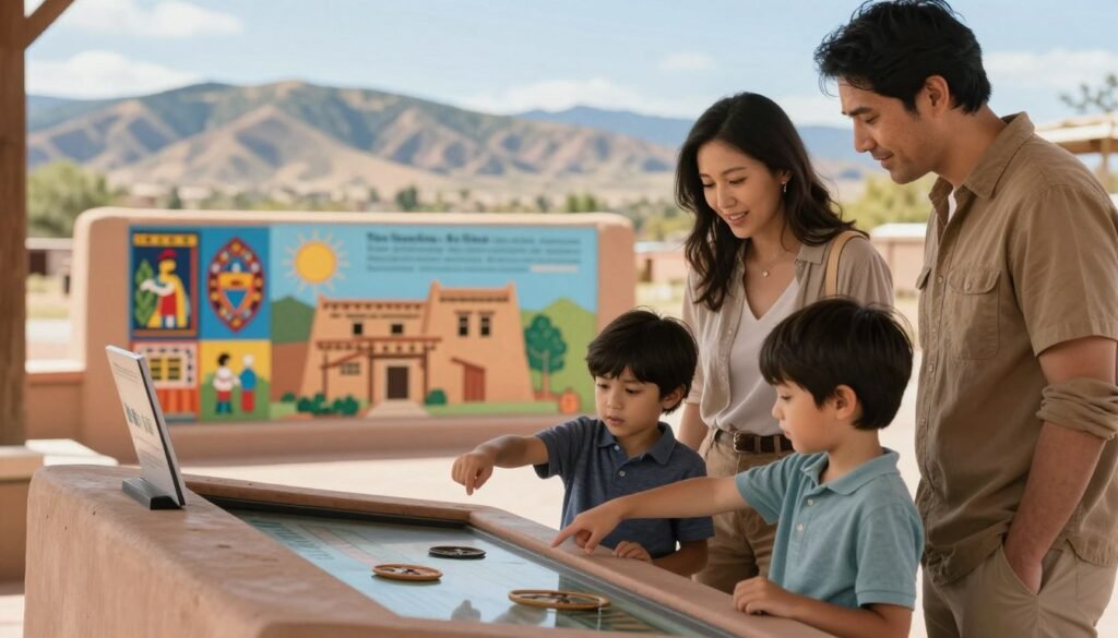 A family of four, dressed in modest casual clothing, is gathered around an interactive display showcasing the rich history of Taos Pueblo in New Mexico. The foreground features the children, excitedly pointing at artifacts, while the parents glance down with interest, connecting with their children's curiosity. In the middle ground, a colorful display board illustrates the Pueblo's architectural style and cultural significance, adorned with traditional artwork. The background is a soft focus of the stunning New Mexico landscape, with arid mountains under a clear blue sky. Warm, natural lighting illuminates the scene, creating an inviting atmosphere. The mood is joyful and educational, perfect for a family day trip. The brand name "The AZ Retiree" subtly incorporated into the environment, like a small sign on the display.