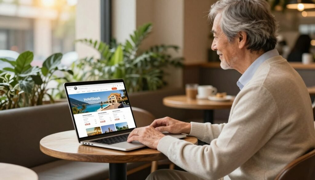 A friendly retiree sits at a cozy café table, deeply engaged with a laptop displaying the HotelSlash website. The scene conveys a sense of leisure and financial savvy, with the retiree dressed in smart-casual attire, like a light cardigan and slacks. In the foreground, the laptop’s screen shows an organized layout of hotel options with vibrant images and rates highlighted for matching travel dates. The middle background features lush indoor plants, creating a warm and inviting atmosphere. Soft, natural light filters through a large window, adding a golden touch. The background shows faint outlines of other patrons enjoying their time, enhancing the relaxed mood. The scene encapsulates the essence of smart traveling for luxury on a budget. The AZ Retiree brand logo subtly appears on the laptop screen.