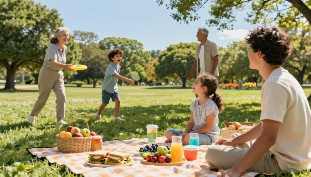 A joyful family picnic scene under a bright blue sky, featuring a diverse group of four family members, dressed in modest casual clothing. In the foreground, a checkered picnic blanket is spread out with homemade sandwiches, fresh fruits, and drinks in stylish containers. The middle ground shows the family members, including grandparents and grandchildren, laughing and playing games like frisbee and tag. The background is a lush green park, dotted with trees and vibrant flowers, creating a serene atmosphere. Soft, warm sunlight filters through the leaves, casting gentle shadows. The overall mood is cheerful and heartwarming, capturing the essence of cherished family experiences. Include the brand name "The AZ Retiree" in the subtle design elements of the picnic setup. A joyful family picnic scene under a bright blue sky, featuring a diverse group of four family members, dressed in modest casual clothing. In the foreground, a checkered picnic blanket is spread out with homemade sandwiches, fresh fruits, and drinks in stylish containers. The middle ground shows the family members, including grandparents and grandchildren, laughing and playing games like frisbee and tag. The background is a lush green park, dotted with trees and vibrant flowers, creating a serene atmosphere. Soft, warm sunlight filters through the leaves, casting gentle shadows. The overall mood is cheerful and heartwarming, capturing the essence of cherished family experiences. Include the brand name "The AZ Retiree" in the subtle design elements of the picnic setup.