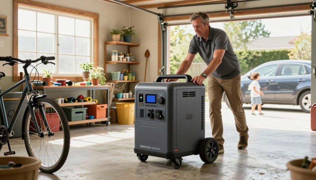 A spacious home garage with bright, natural lighting filtering through large windows illuminates a Heavy EcoFlow Delta backup unit rolling in on sturdy wheels. The unit is angular and robust, showcasing its sleek design with efficient power ports and a digital display. In the foreground, the garage is neatly organized with tools and a bicycle, adding a lived-in touch. In the middle ground, Hank—a middle-aged man in modest casual clothing—carefully guides the unit into place, exhibiting a practical and focused demeanor. The background features shelves with gardening supplies and a parked family car, creating a warm, inviting atmosphere. The overall mood is one of preparedness and resourcefulness, emphasizing the theme of budget-friendly portable power solutions. The image is rich in detail, capturing both functionality and a sense of home. The AZ Retiree.
