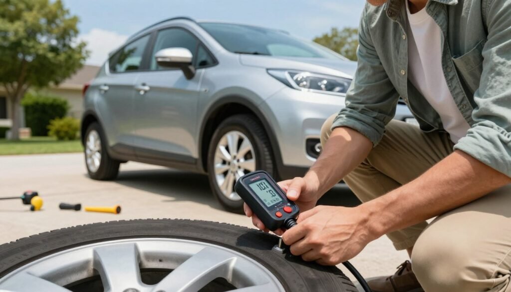 Checking cold tire pressure before a road trip