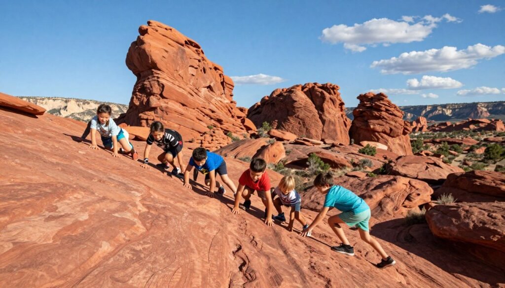 Children exploring vibrant red rock formations in a sunny Southwest state park. In the foreground, a diverse group of children, wearing casual, colorful clothing, enthusiastically climbing over smooth, warm red rocks, their faces lit up with curiosity and joy. In the middle ground, unique rock formations with varying textures rise majestically, casting soft shadows under the bright sun. The background features a clear blue sky, dotted with a few fluffy white clouds, and distant mesas framing the scene. The lighting is bright and warm, creating a cheerful atmosphere that embodies adventure and exploration. Capture the moment from a slightly elevated angle to showcase the stunning landscape, highlighting the rugged beauty of Arizona. The AZ Retiree.
