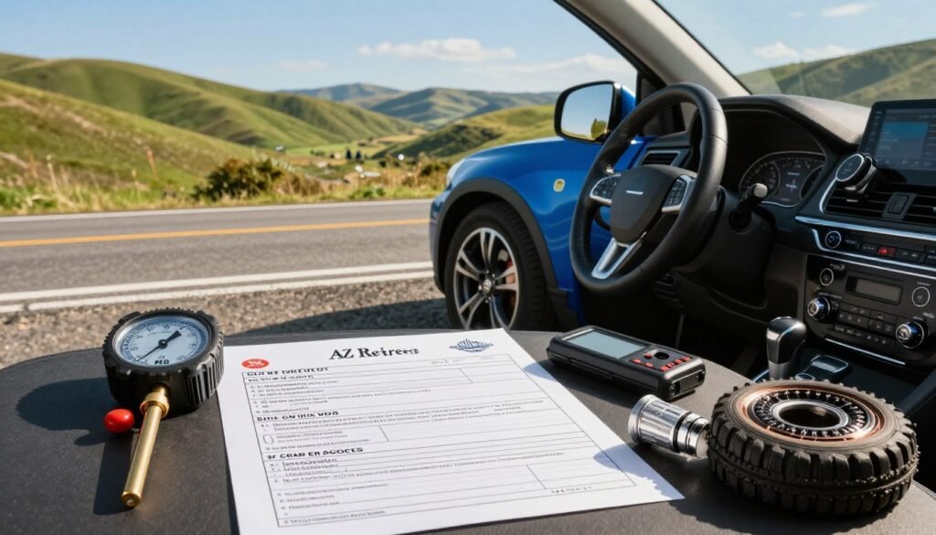 DIY checks and dash tech beside a road trip car
