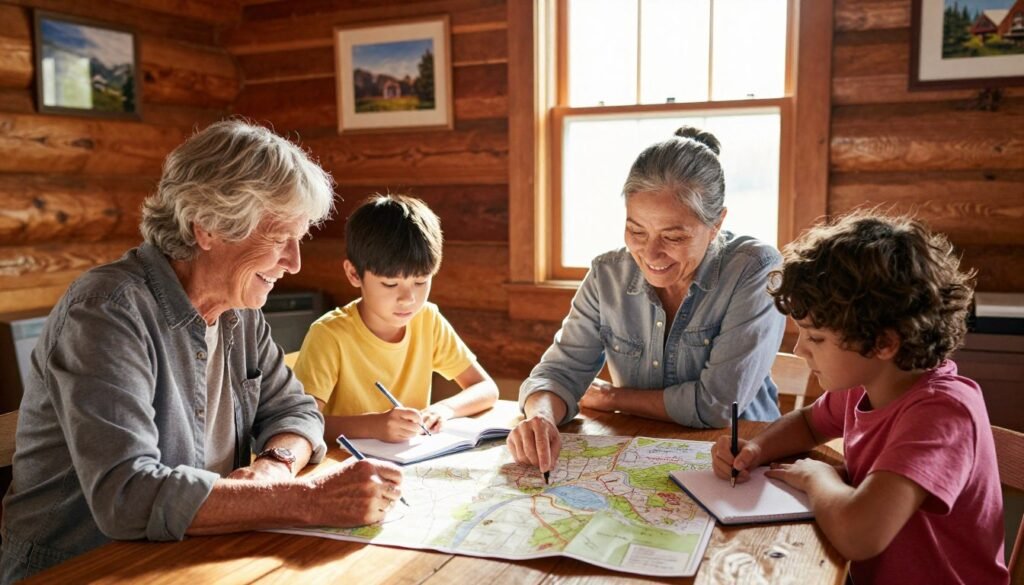 Family writing a trip budget beside a cabin map Family writing a trip budget beside a cabin map