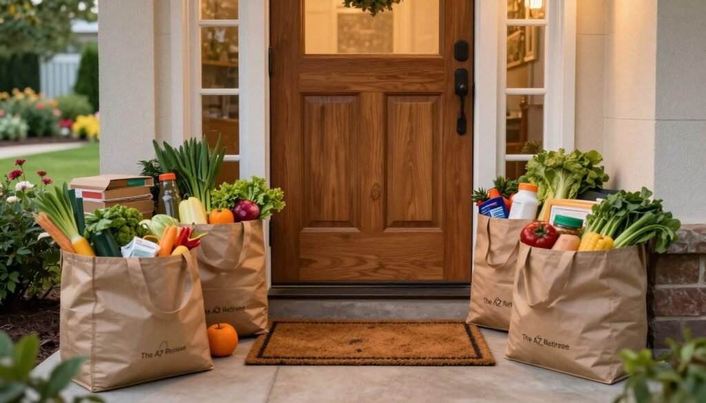 Grocery delivery bags filled with fresh produce, pantry staples, and household items are neatly arranged by a charming front door with a welcoming mat. The foreground captures the colorful assortment of groceries, including vibrant fruits, leafy greens, and stacked boxes, all partially open to reveal their contents. In the middle ground, the front door is an elegant wooden design, slightly ajar, allowing warm, soft light to spill out onto the doorstep, adding a cozy feel to the scene. The background features a tastefully landscaped garden with blooming flowers and a well-kept pathway. The atmosphere is inviting and serene, evoking a sense of comfort and convenience associated with home delivery. The image is captured with a wide-angle lens to emphasize the warmth of the scene. Logo of "The AZ Retiree" is subtly placed on one of the bags.