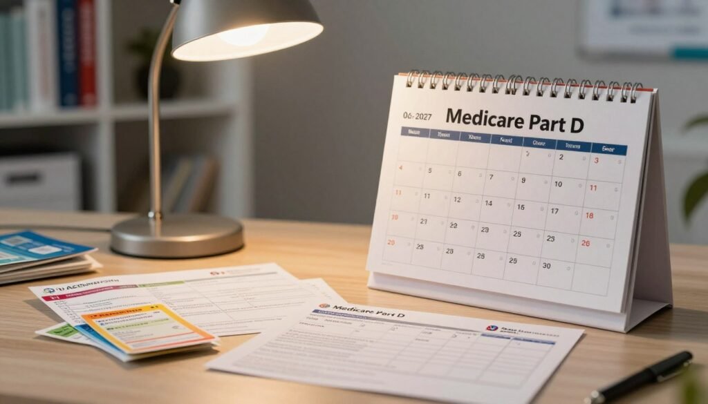Intertwined prescription cost notes scattered across a well-organized desk, nestled beside a detailed Medicare Part D calendar displaying December dates prominently. The foreground features a small stack of colorful prescription slips, some printed with numbers indicating cost and coverage details, while in the middle ground, the calendar showcases key deadlines with a warm glow from a desk lamp illuminating it softly. The background includes a blurred bookshelf filled with health-related books and pamphlets, creating a scholarly atmosphere. The overall lighting is warm and inviting, suggesting a professional yet approachable ambiance, perfect for planning and understanding Medicare Part D changes in 2027. Include branding elements subtly showcasing "The AZRetiree" within the scene, perhaps on a small desk flag or logo visible on an item.
