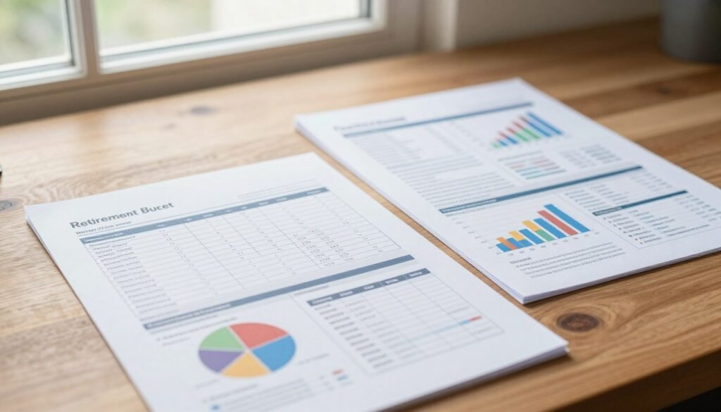 Retirement budget worksheet beside monthly income and expense statements