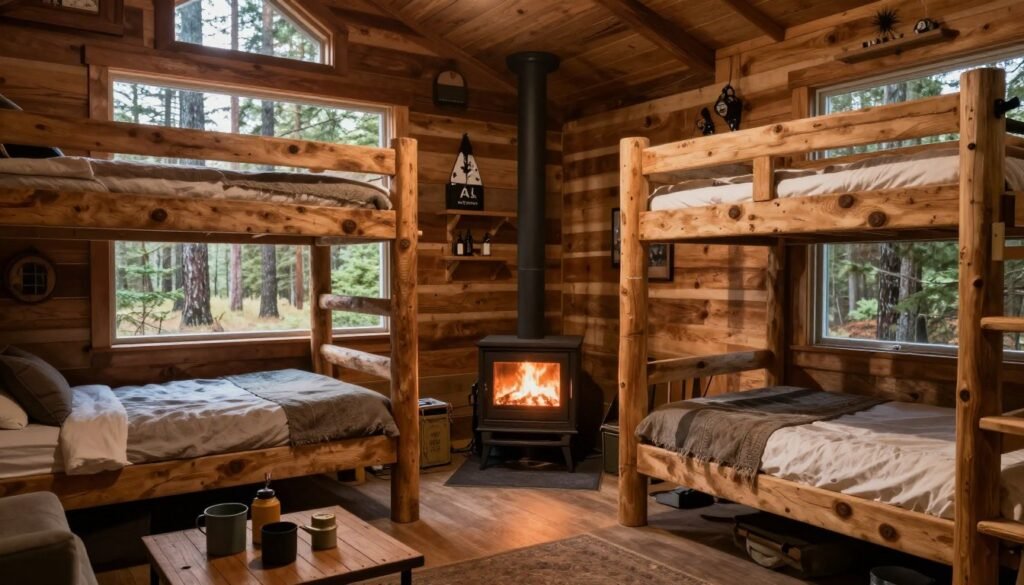 Rustic state park cabin interior featuring two bunk beds made of rough-hewn wood, complemented by a cozy wood stove radiating warmth. The cabin's wooden walls are adorned with nature-themed decor, and a large window offers a view of a pine forest in the background. Soft, natural lighting streams in, creating a welcoming atmosphere. A small table with camping supplies is placed in the foreground, enhancing the camping vibe. The lens captures the scene from a mid-angle, focusing on the inviting space. The image should evoke a sense of comfort and tranquility, ideal for a peaceful retreat. Perfect for “The AZ Retiree” article on affordable lodging options in state parks. Rustic state park cabin interior featuring two bunk beds made of rough-hewn wood, complemented by a cozy wood stove radiating warmth. The cabin's wooden walls are adorned with nature-themed decor, and a large window offers a view of a pine forest in the background. Soft, natural lighting streams in, creating a welcoming atmosphere. A small table with camping supplies is placed in the foreground, enhancing the camping vibe. The lens captures the scene from a mid-angle, focusing on the inviting space. The image should evoke a sense of comfort and tranquility, ideal for a peaceful retreat. Perfect for “The AZ Retiree” article on affordable lodging options in state parks.