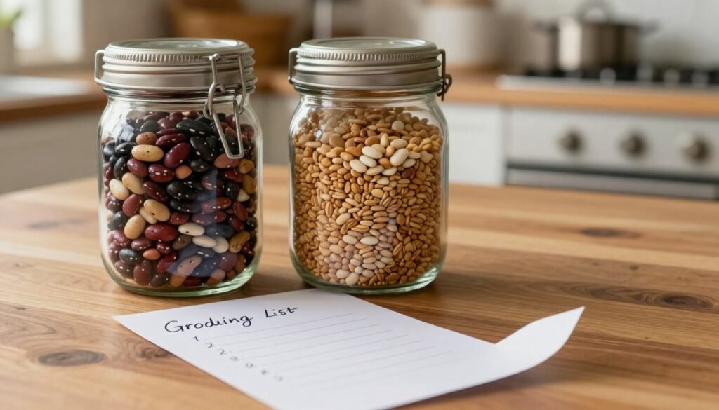 Two rustic pantry jars filled with colorful dried beans and grains are placed side by side on a wooden surface, evoking a warm, homey atmosphere. A handwritten grocery shopping list, with neat cursive handwriting, lies artfully beside them, partially curling at the edges. In the background, a softly blurred kitchen setting adds depth, featuring warm, natural lighting that enhances the inviting feel of the scene. The angle captures both jars and the list from a slightly elevated perspective, offering a clear view of their contents and the list's details. The overall mood is one of organization and simplicity, reflecting a mindful approach to grocery shopping. The AZ Retiree branding subtly appears on the list, ensuring a seamless integration into the thematic elements of the image.